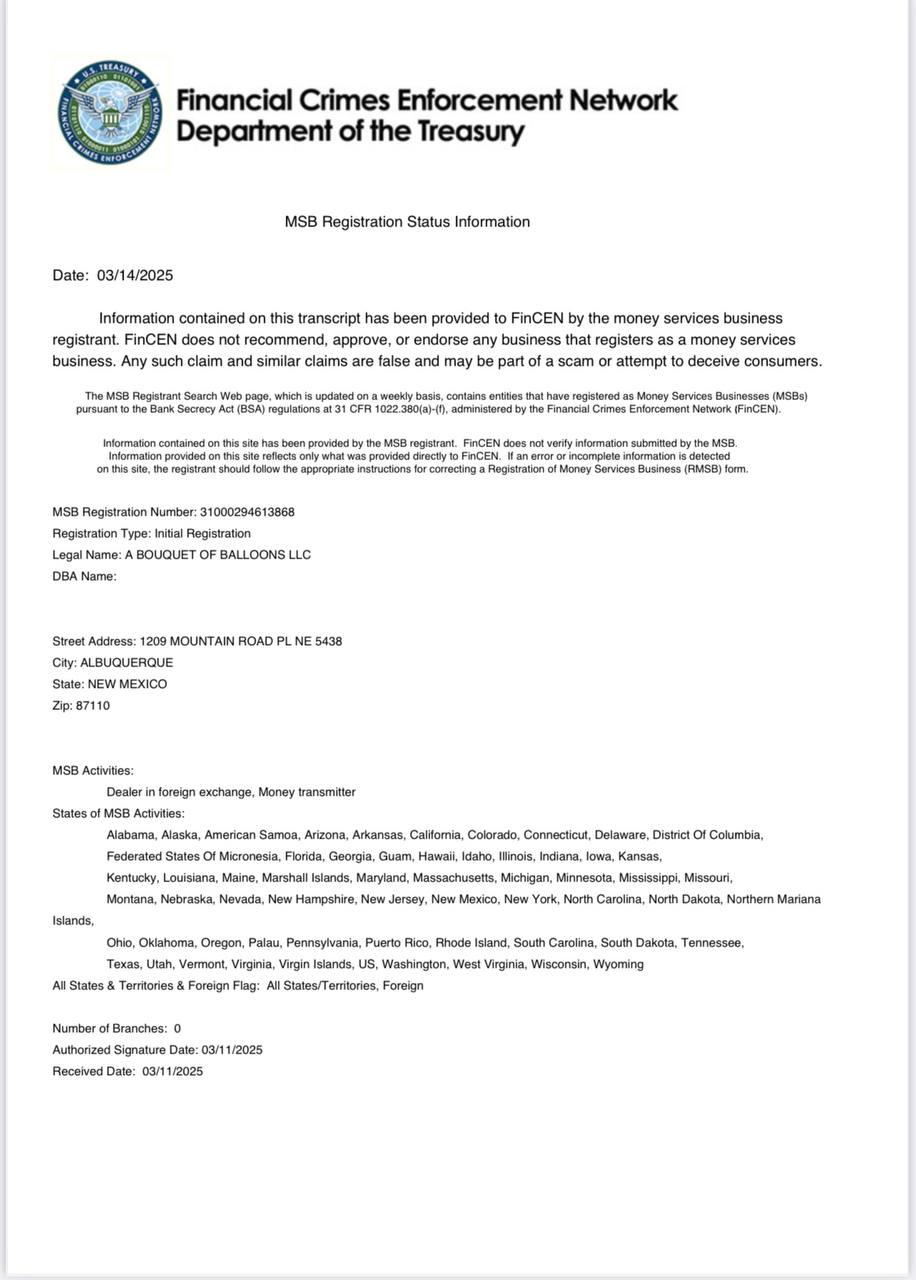 FinCEN MSB Registration Certificate